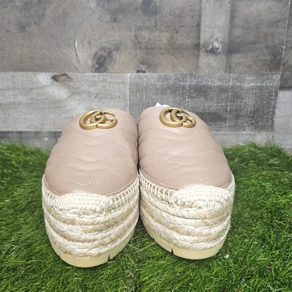 GUCCI Charlotte Matelasse gold GG Marmont logo platform espadrille jute mule - Picture 8 of 15